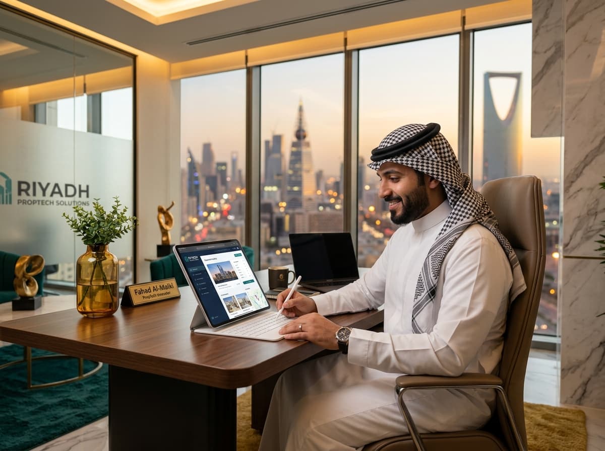 مستخدم يوثق عقد إيجار عبر تطبيق مكفي وموفي بإطلالة على مدينة الرياض
